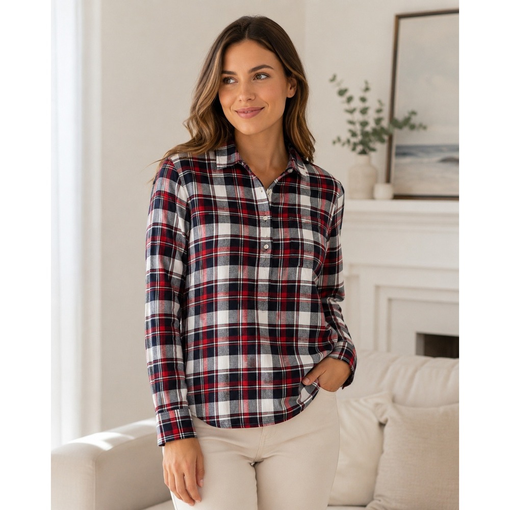 Tommy Hilfiger Plaid Popover Shirt Women S Red Navy Cotton Preppy Top